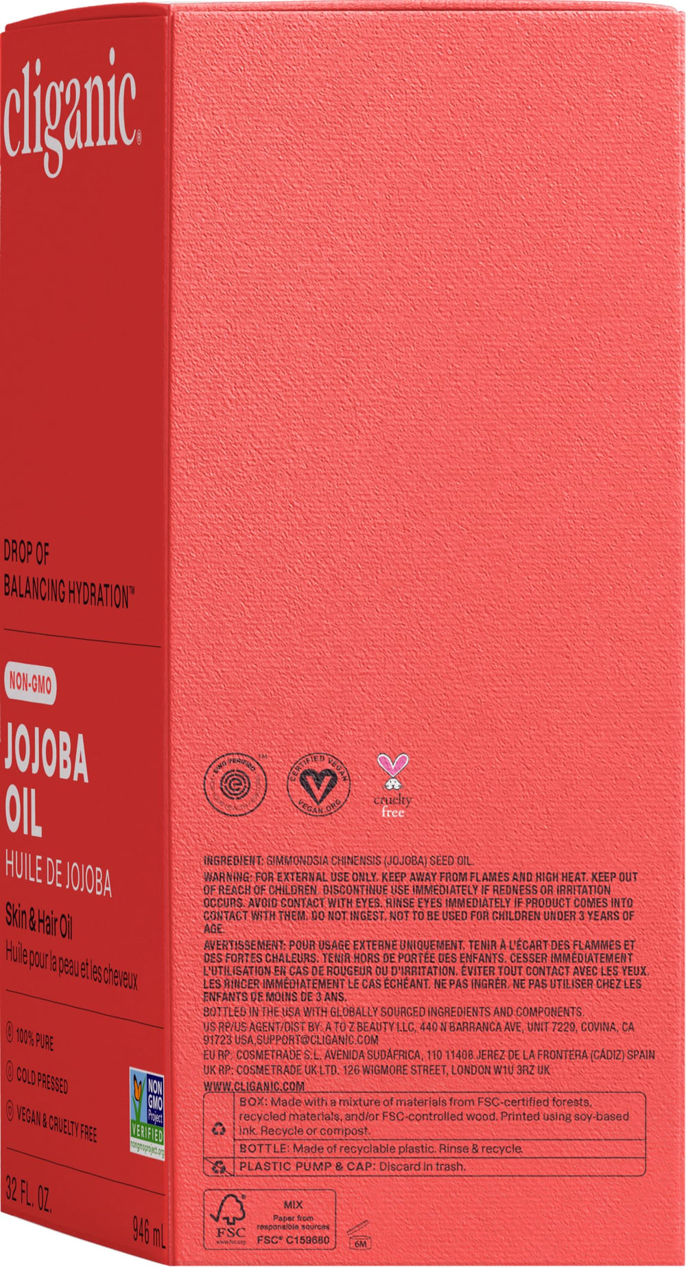 Cliganic Jojoba Oil vegan cruelty-free symbol communicates ethical, plant-based beauty options.