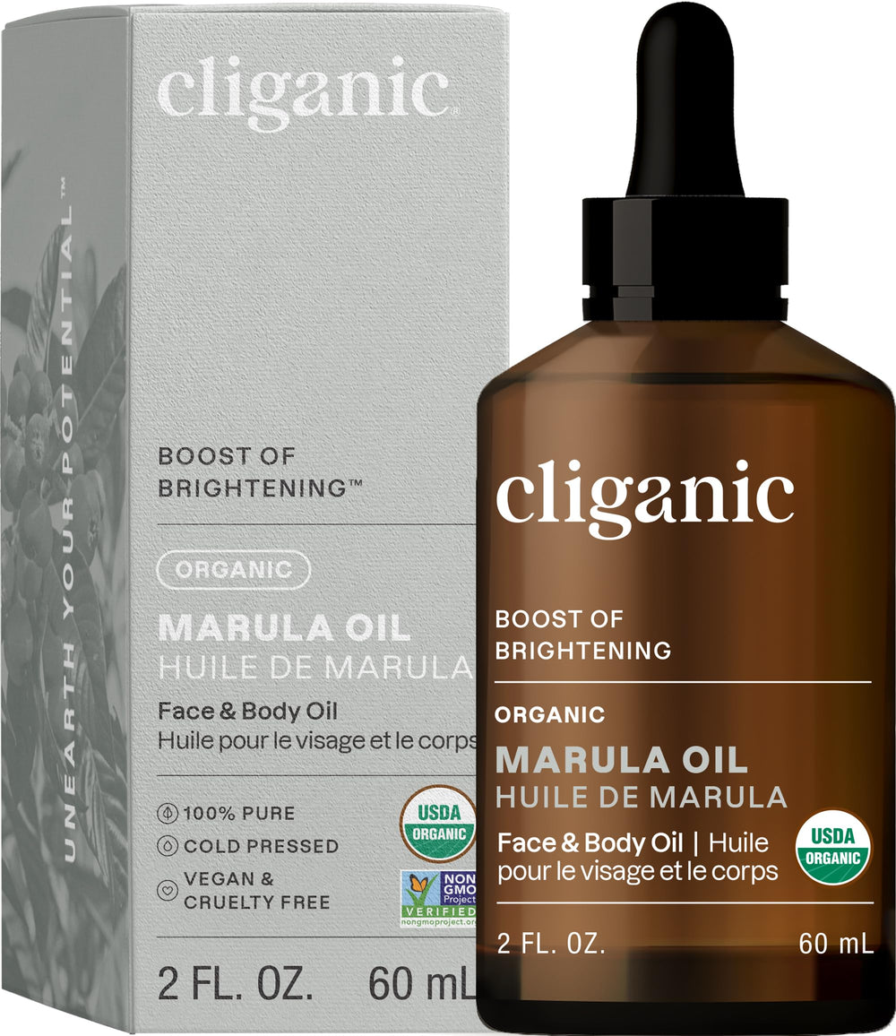 Cliganic Marula Oil bottle front showing pure oil for face and hair hydration