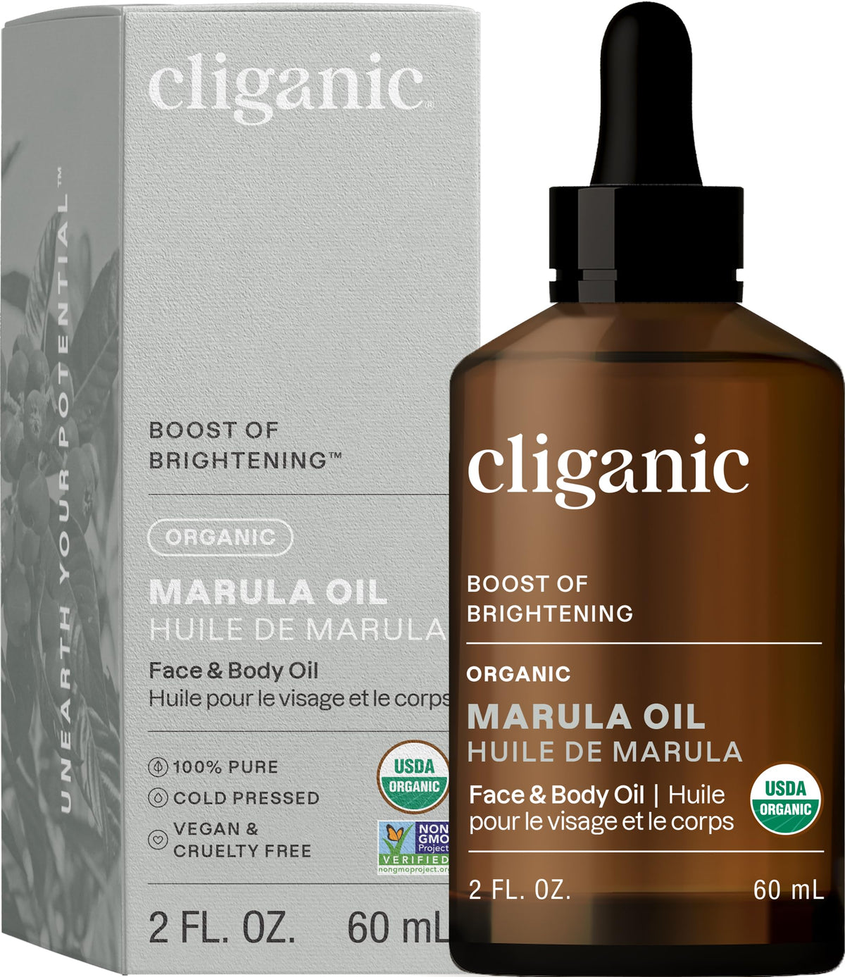 Cliganic Marula Oil bottle front showing pure oil for face and hair hydration