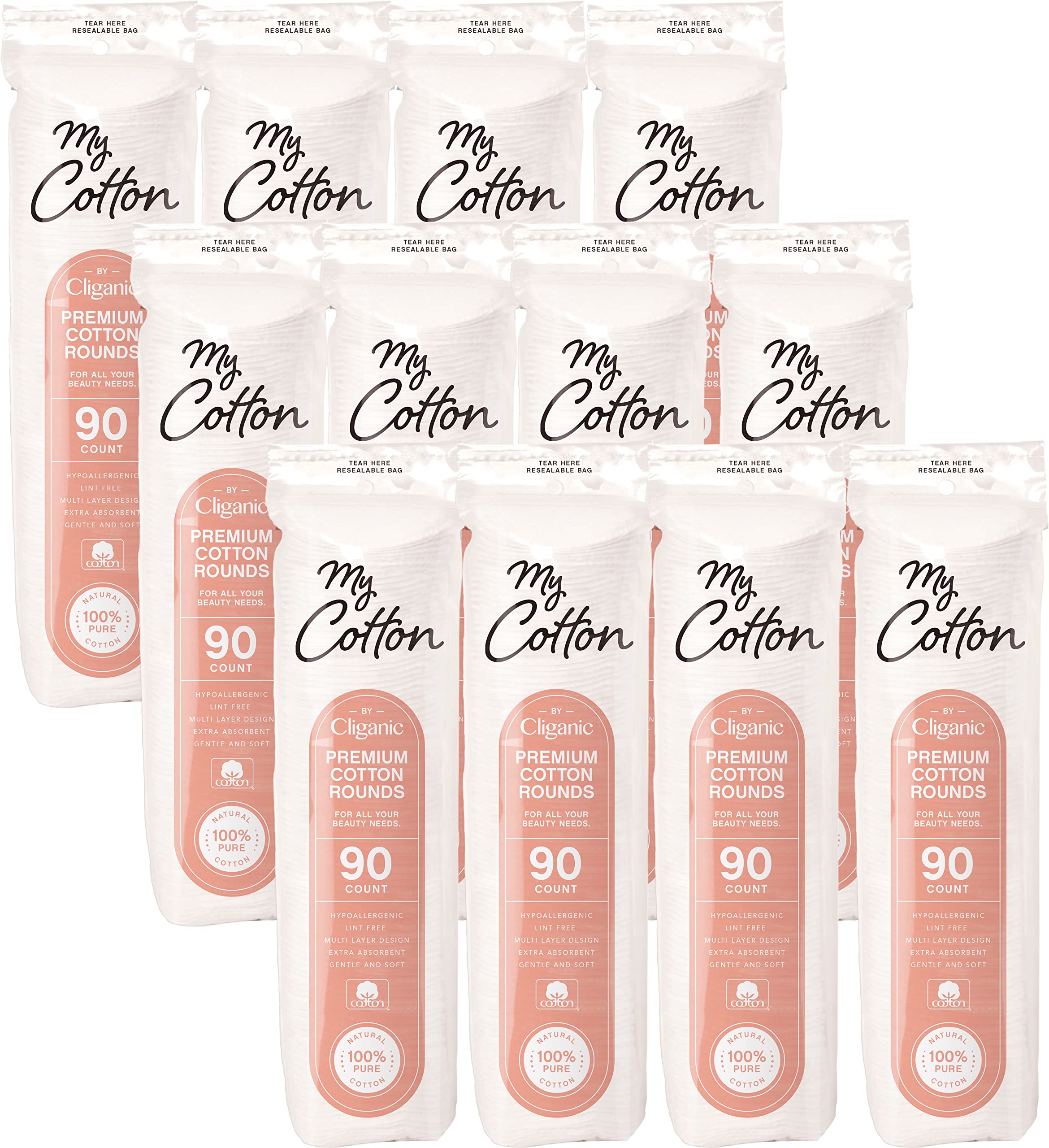 Cliganic My Cotton Premium Rounds 1080-count pack, ultra-soft pads for makeup removal.