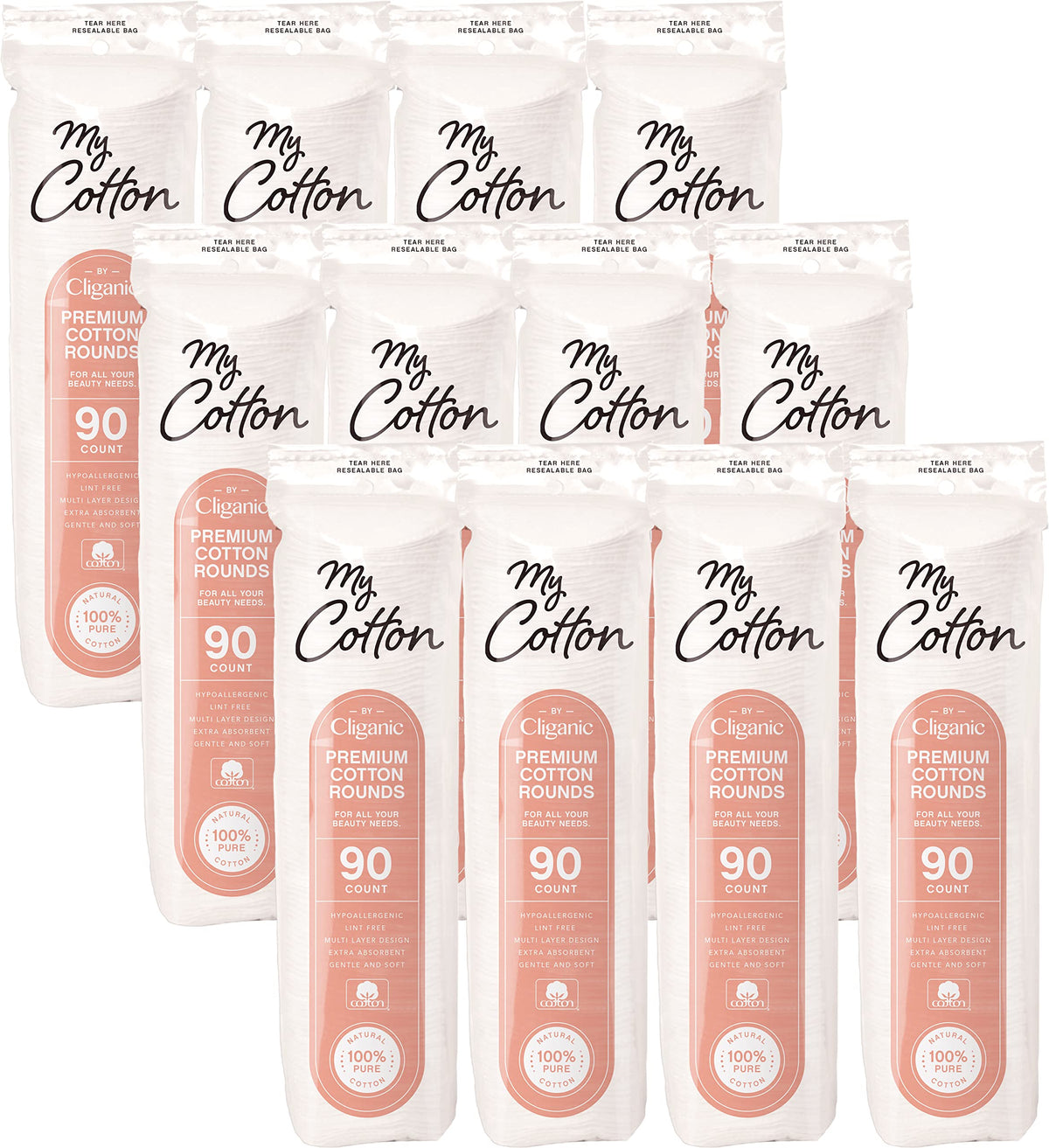 Cliganic My Cotton Premium Rounds 1080-count pack, ultra-soft pads for makeup removal.