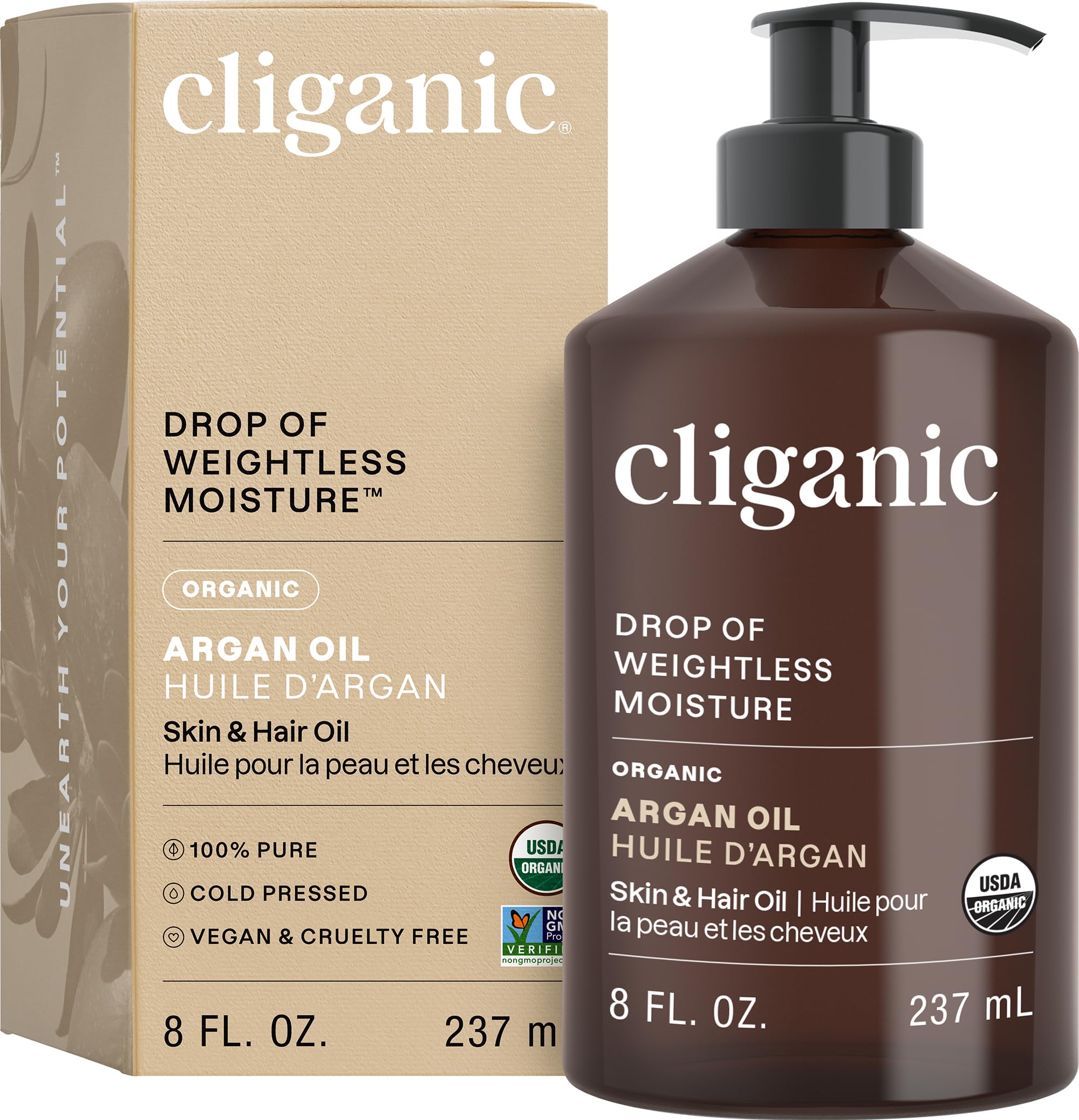 Cliganic Organic Argan Oil 8oz pump bottle for easy daily use.