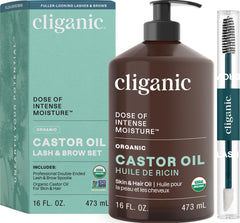 Cliganic Organic Castor Oil bottle close-up, pure versatile beauty oil.