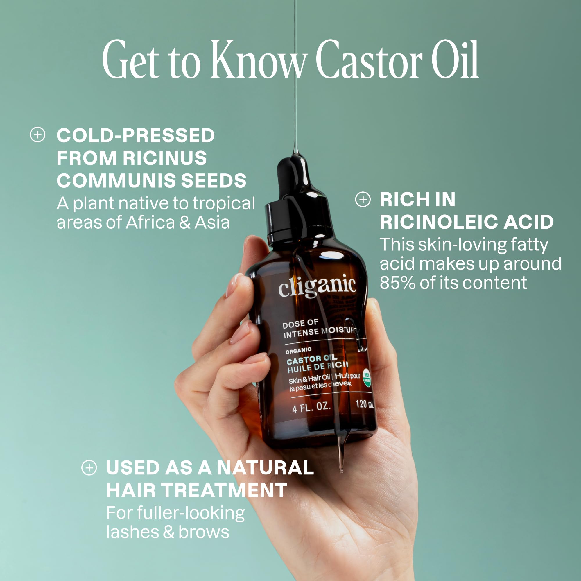 Cliganic Organic Castor Oil label confirms 100% pure, single-ingredient formula.