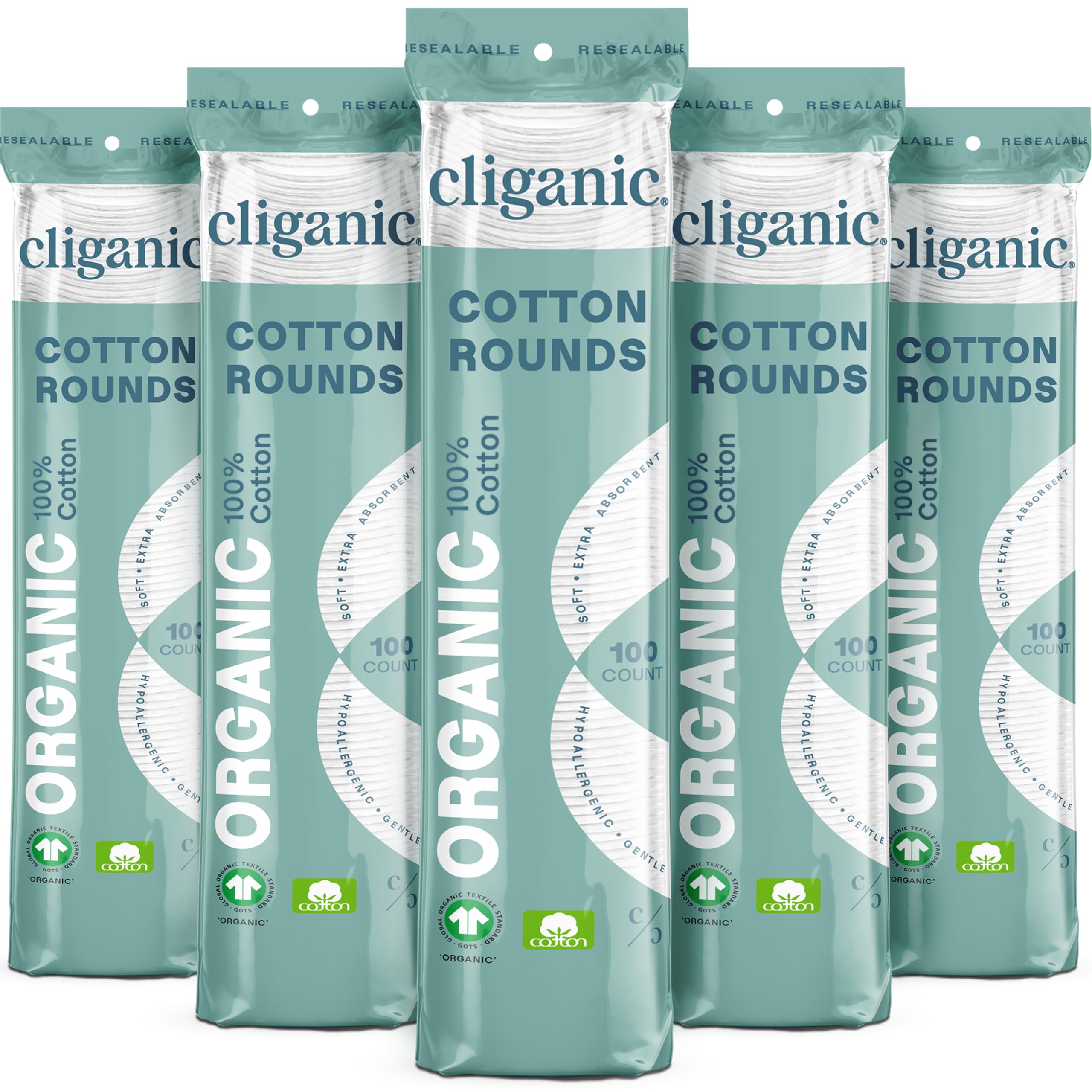 Cliganic Organic Cotton Rounds packaging variety highlights sustainable, cruelty-free choice.