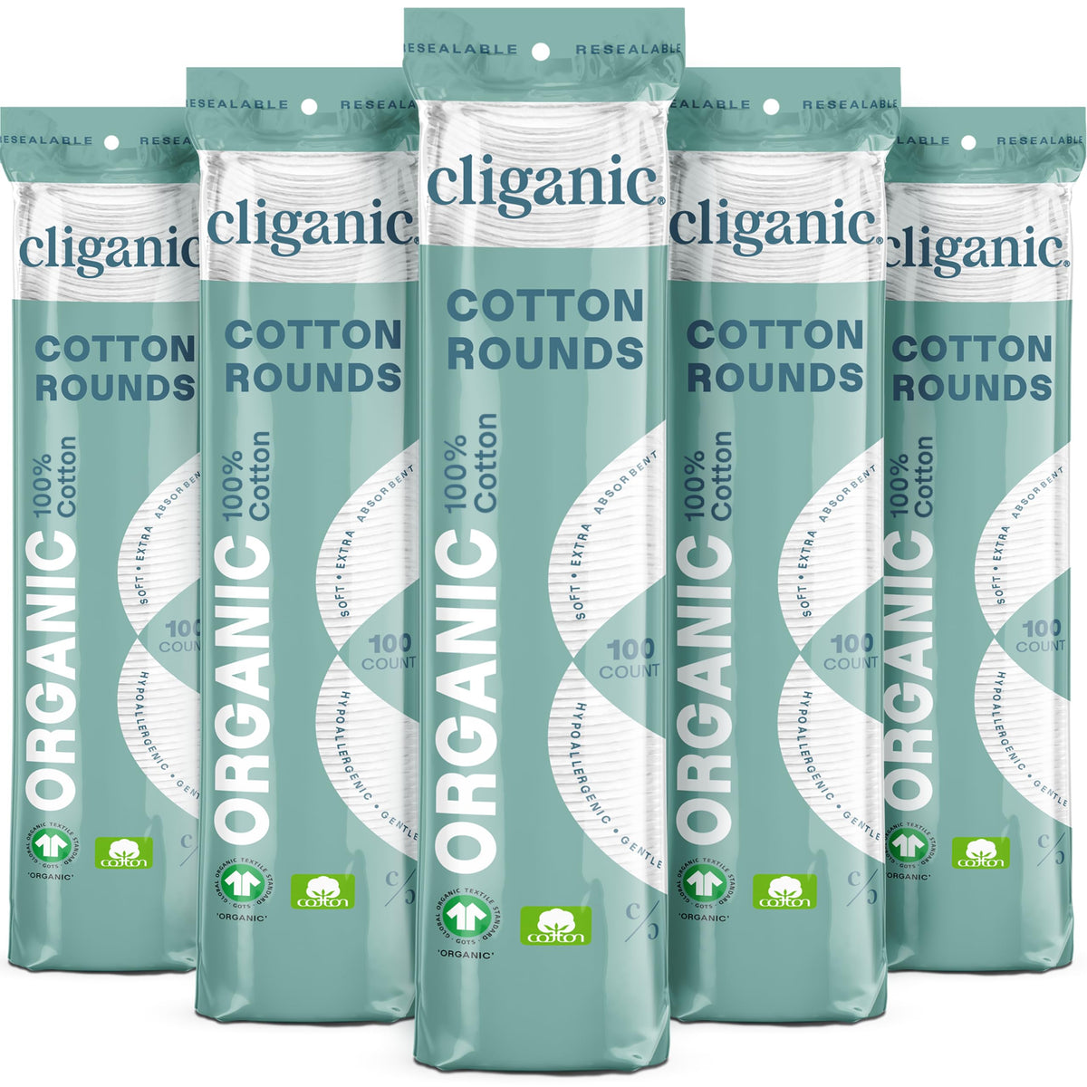 Cliganic Organic Cotton Rounds packaging variety highlights sustainable, cruelty-free choice.