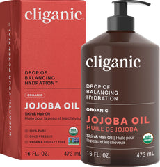 Cliganic Organic Jojoba Oil 16oz bottle with pump for easy application and long shelf life.