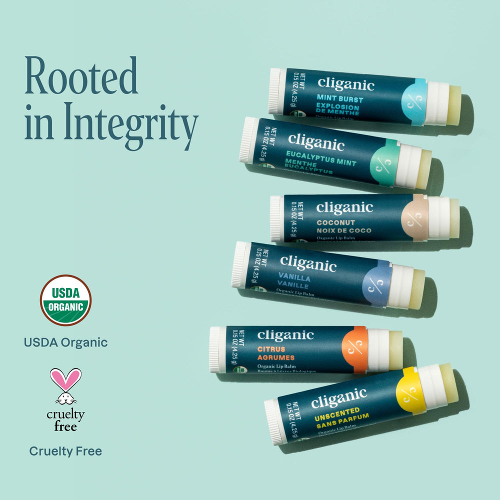 Cliganic Organic Lip Balm Set travel-size packaging emphasizes portability for on-the-go lip care