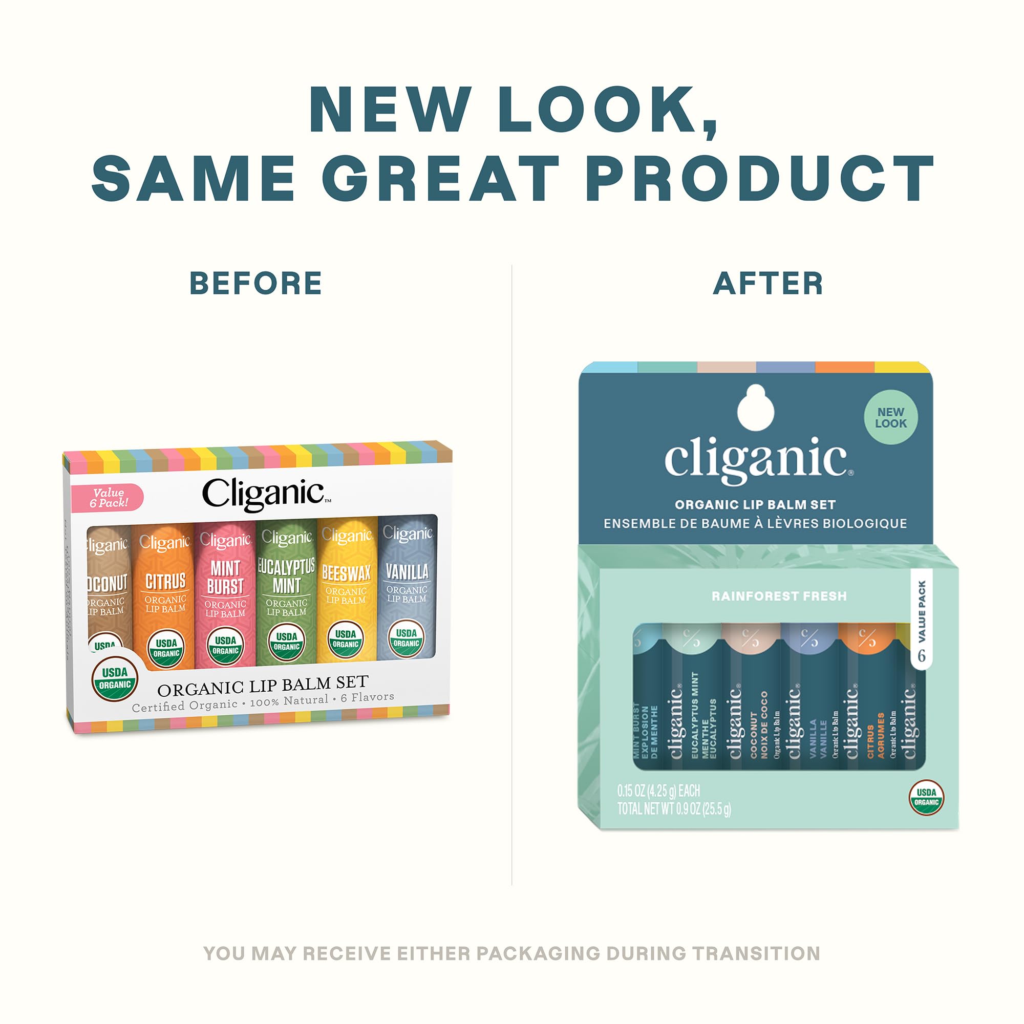 Cliganic Organic Lip Balm Set tubes closeup shows smooth textures for everyday hydration