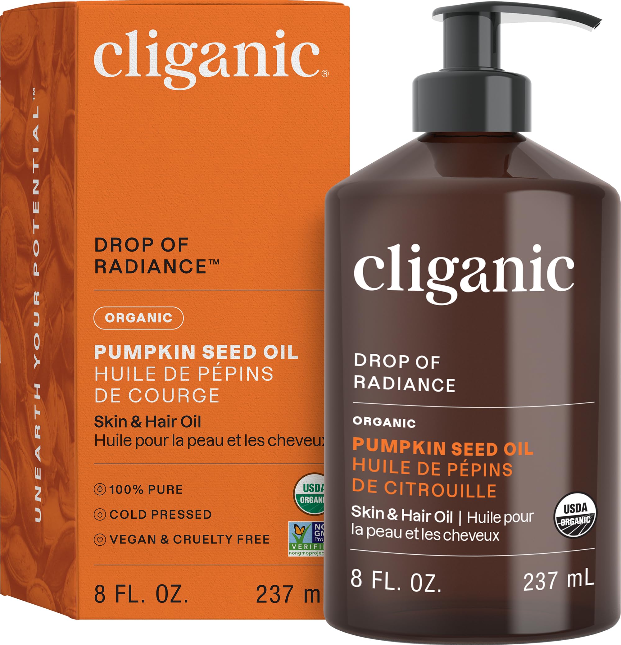 Cliganic Organic Pumpkin Seed Oil bottle, pure, single-ingredient formula for face and hair.