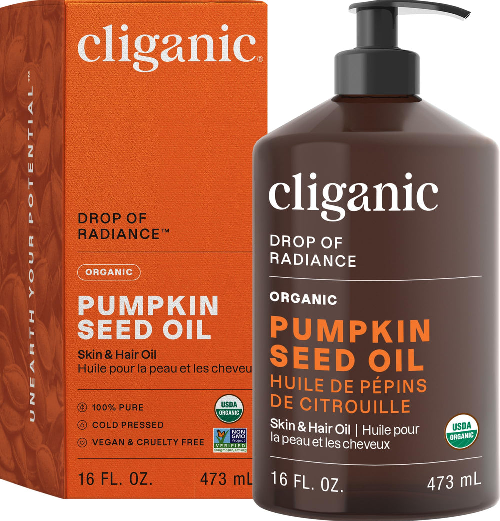 Cliganic Organic Pumpkin Seed Oil bottle for pure facial skin nourishment with omega fatty acids.
