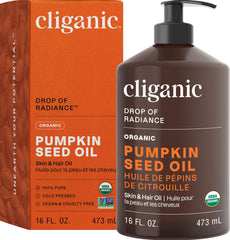 Cliganic Organic Pumpkin Seed Oil bottle for pure facial skin nourishment with omega fatty acids.