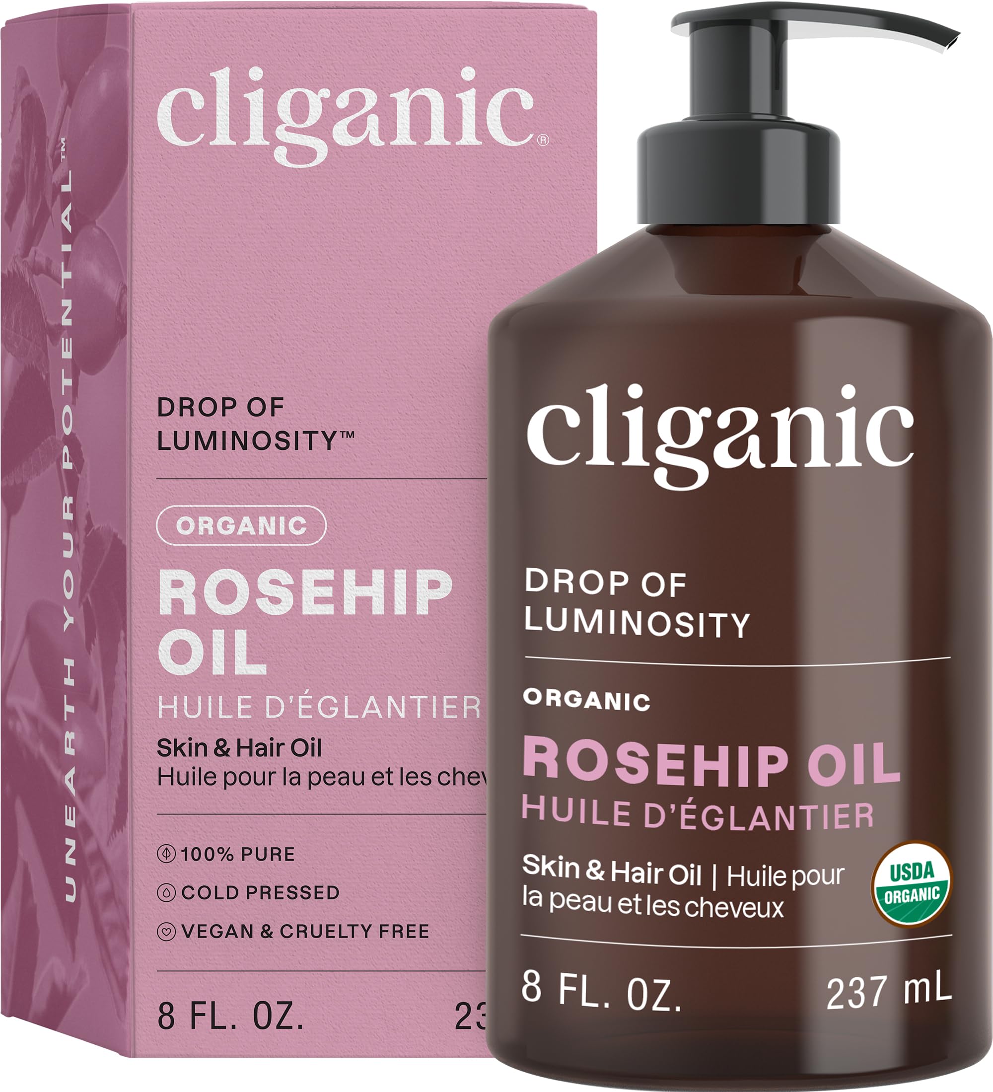 Cliganic Organic Rosehip Seed Oil bottle for pure skincare hydration.