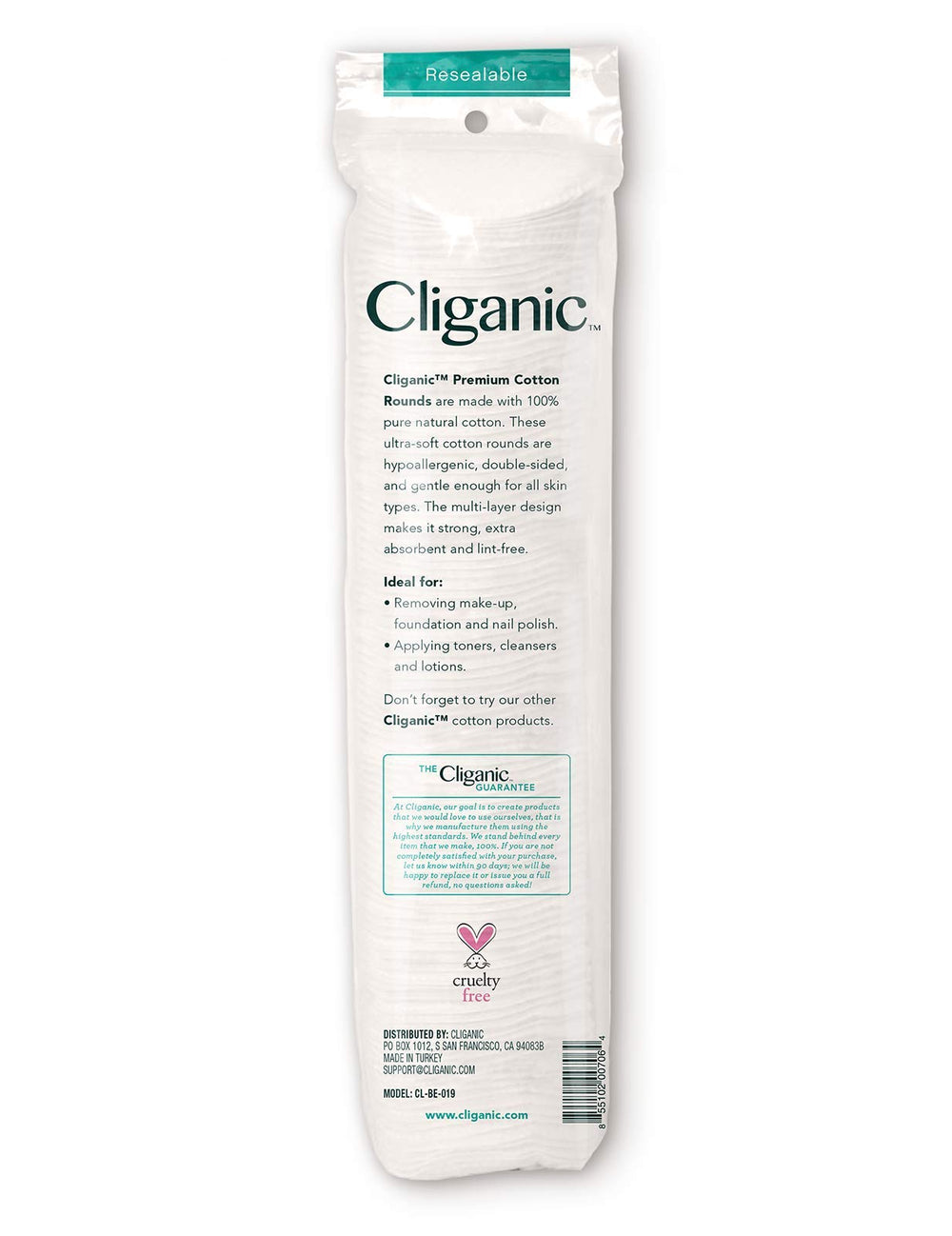 Cliganic 100% pure cotton rounds beside skincare bottles—premium quality for daily cleansing.