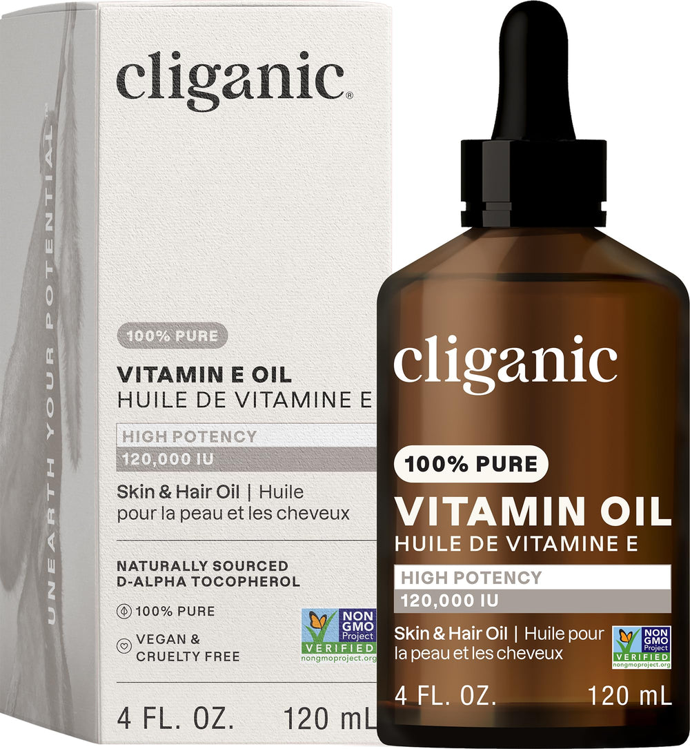 Cliganic pure vitamin E oil bottle for skin care and nourishment.