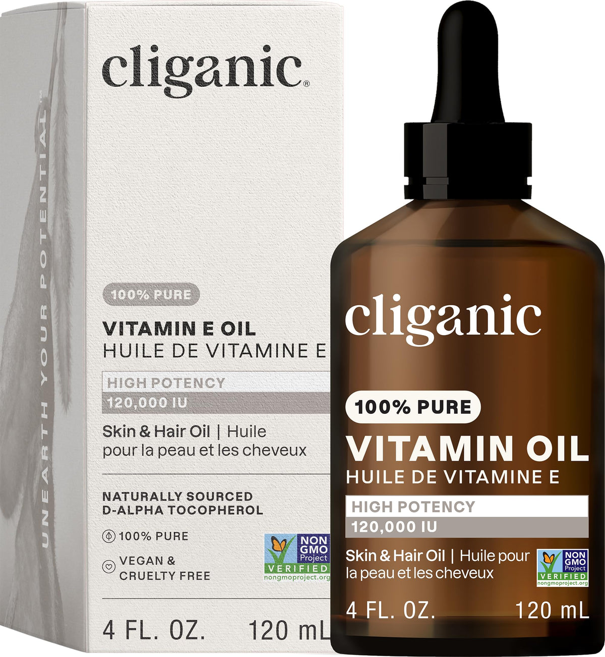Cliganic pure vitamin E oil bottle for skin care and nourishment.
