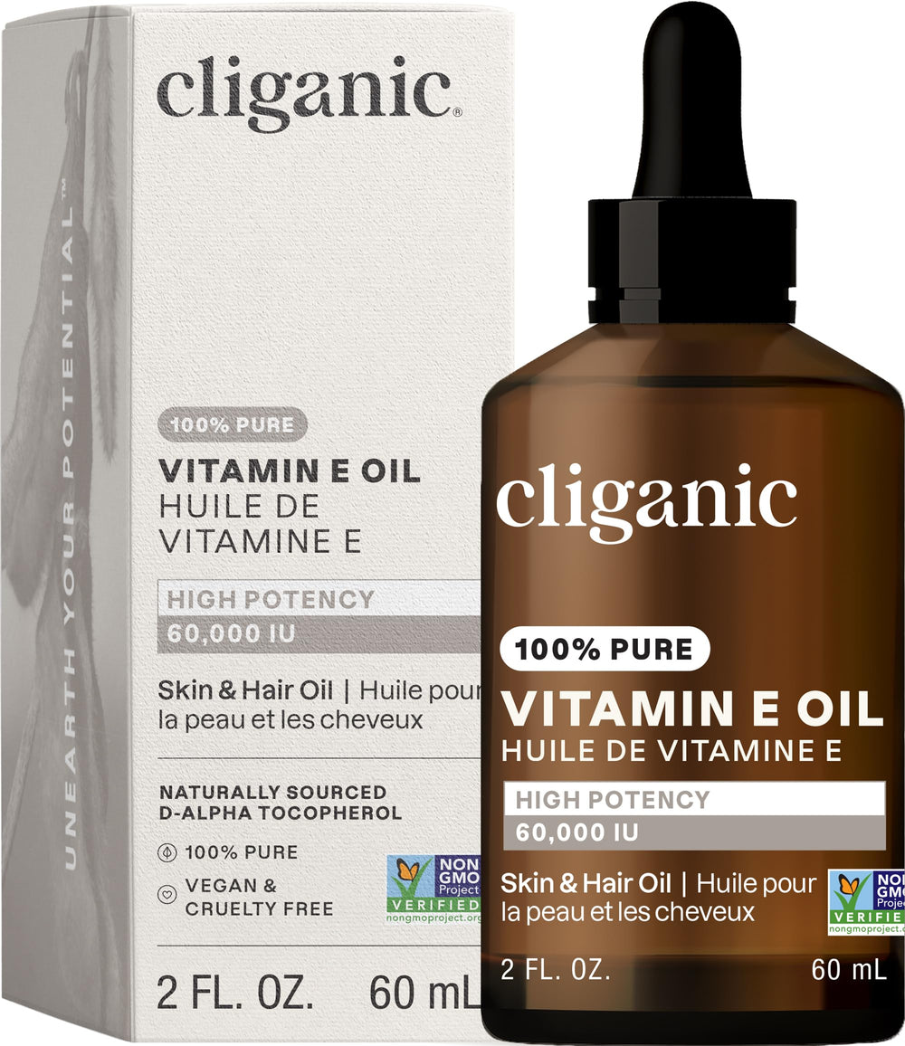 Cliganic Vitamin E oil packaging with a new look for easy daily skincare.