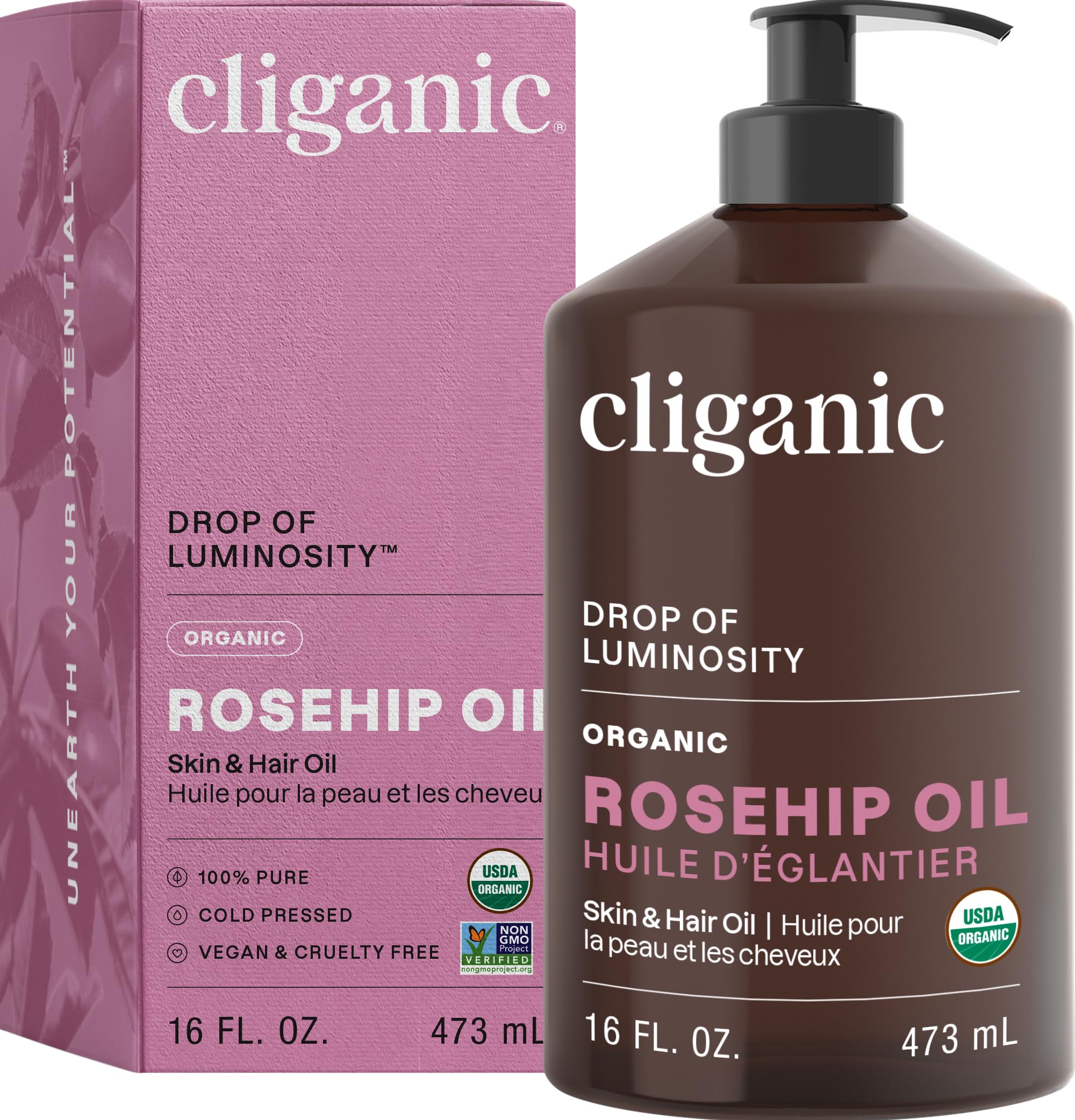 Cliganic Rosehip Seed Oil 16oz pump bottle closeup for hydrating skin.