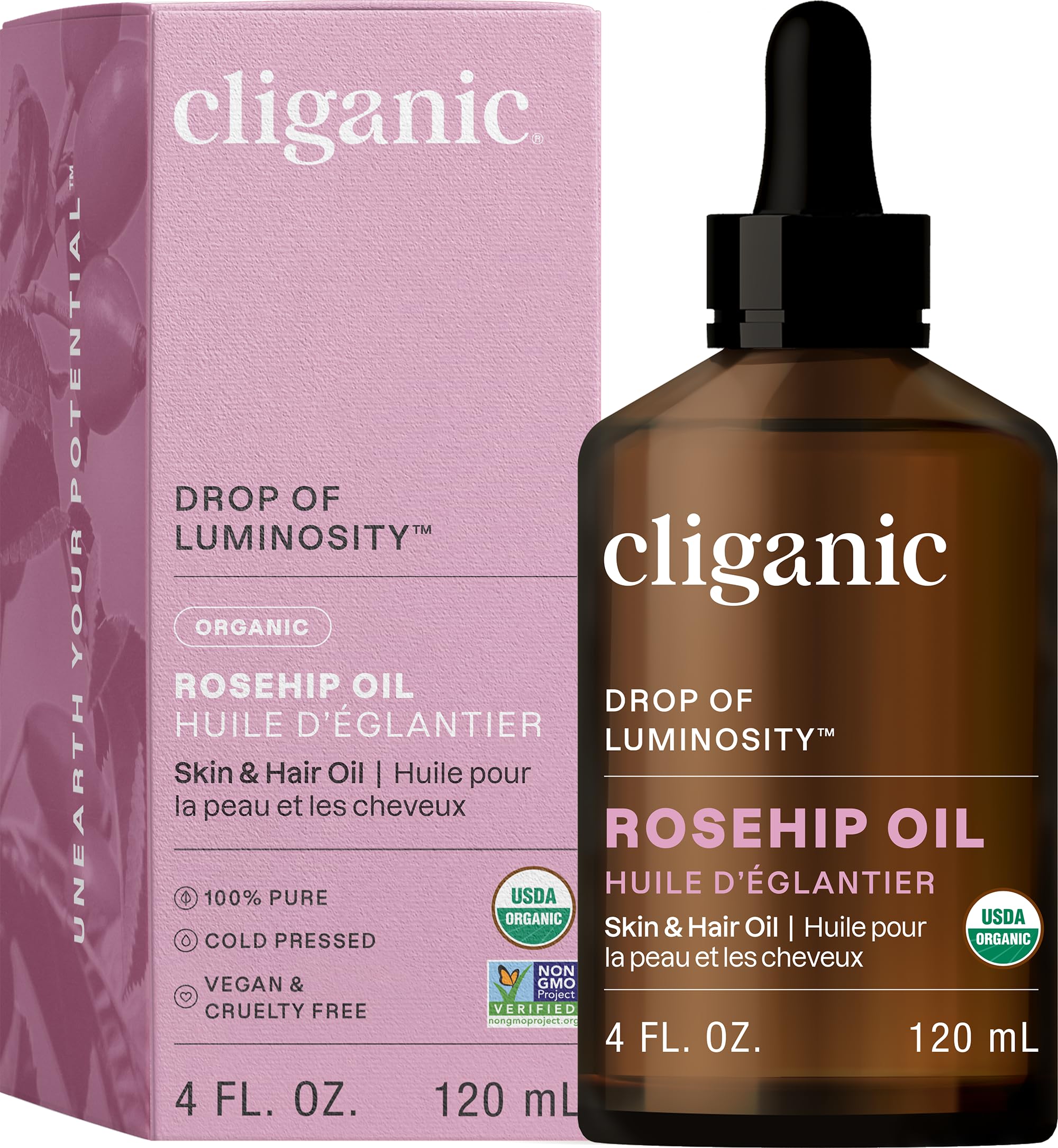 Cliganic rosehip seed oil bottle highlights facial hydration and skin nourishment.
