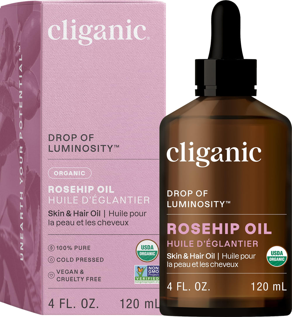 Cliganic rosehip seed oil bottle highlights facial hydration and skin nourishment.