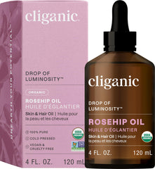 Cliganic rosehip seed oil bottle highlights facial hydration and skin nourishment.