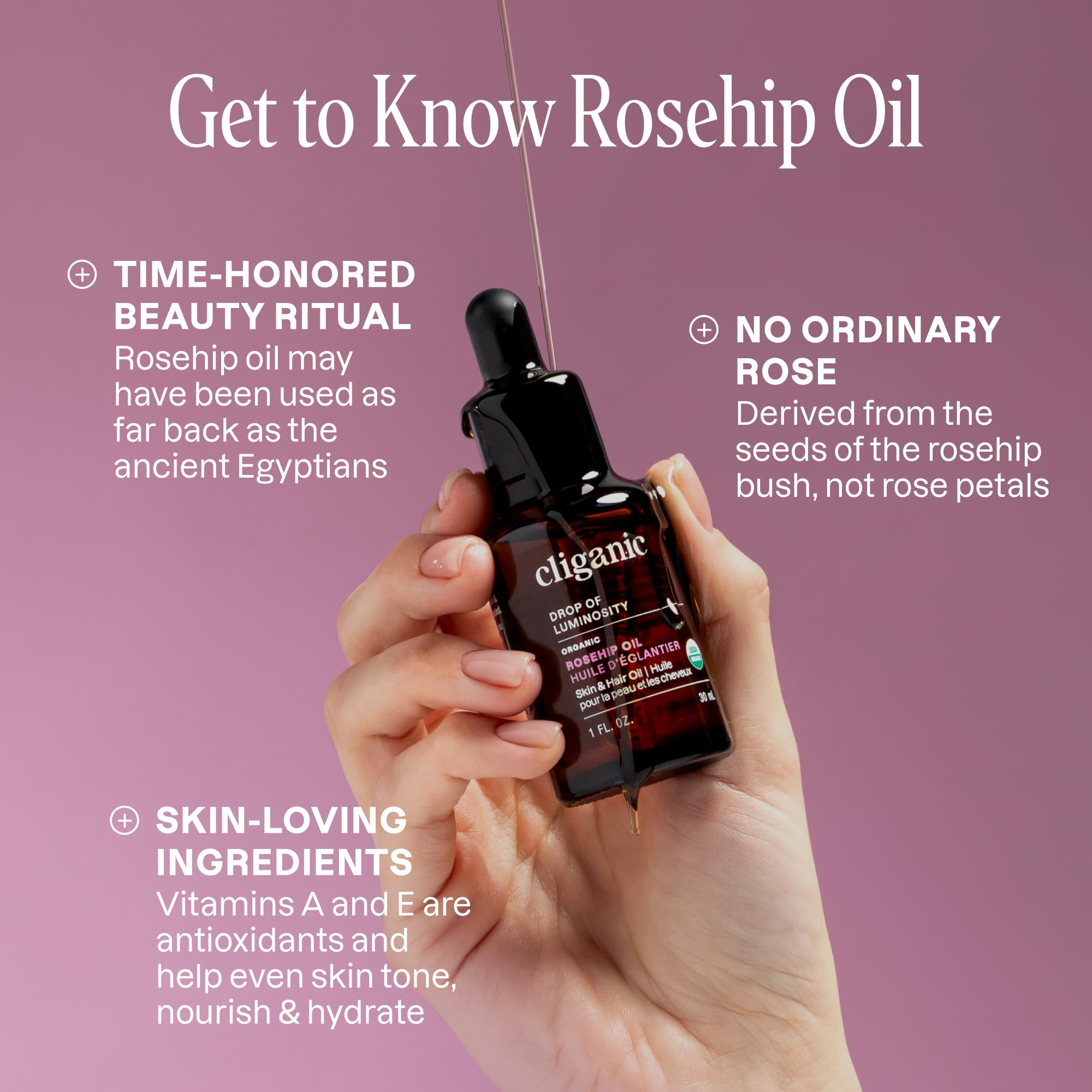 Cliganic rosehip seed oil label communicates USDA Organic status and purity.