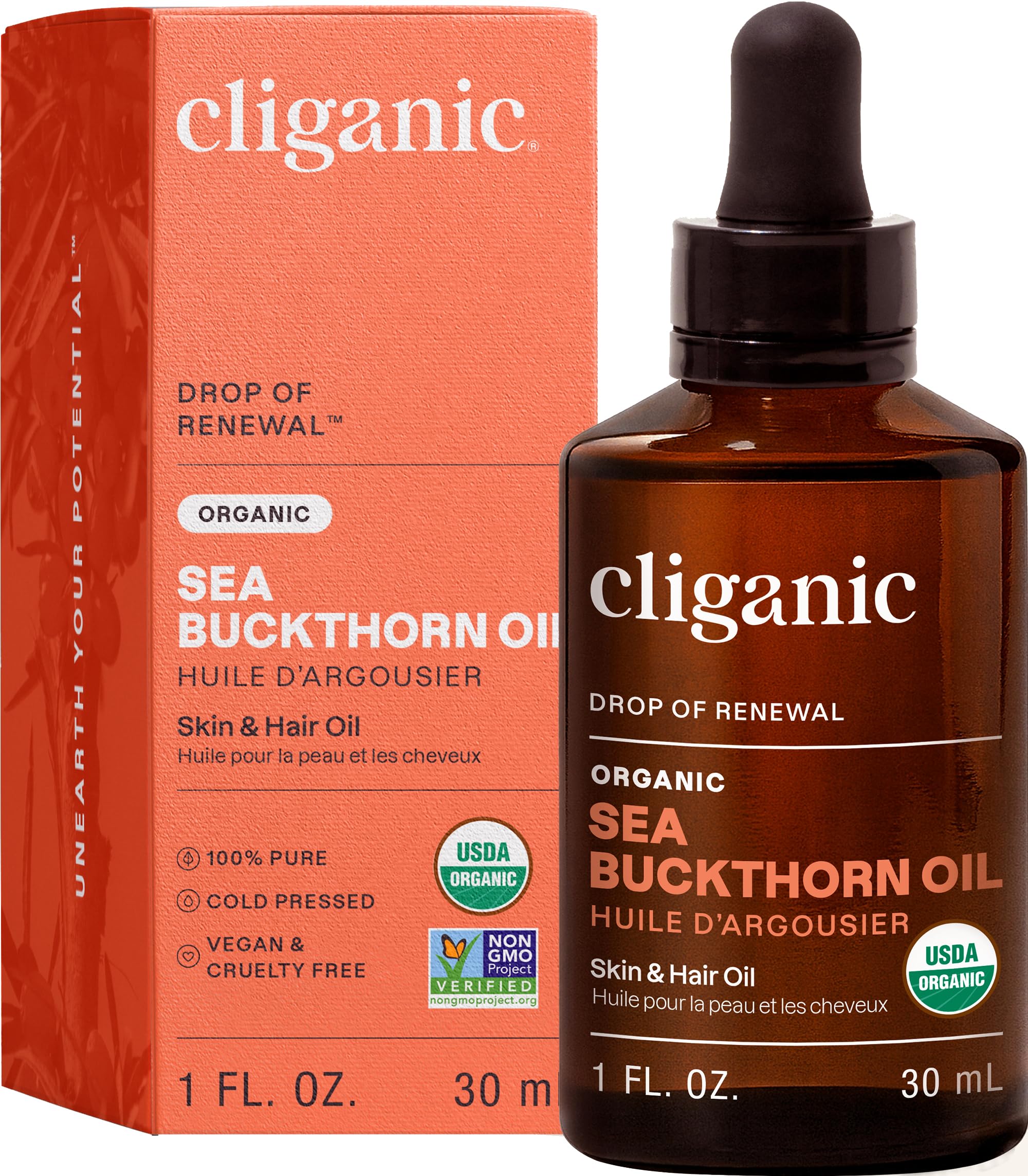 Cliganic Sea Buckthorn Oil bottle close-up showing pure, organic skin nourishment.