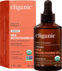 Cliganic Sea Buckthorn Oil bottle close-up showing pure, organic skin nourishment.