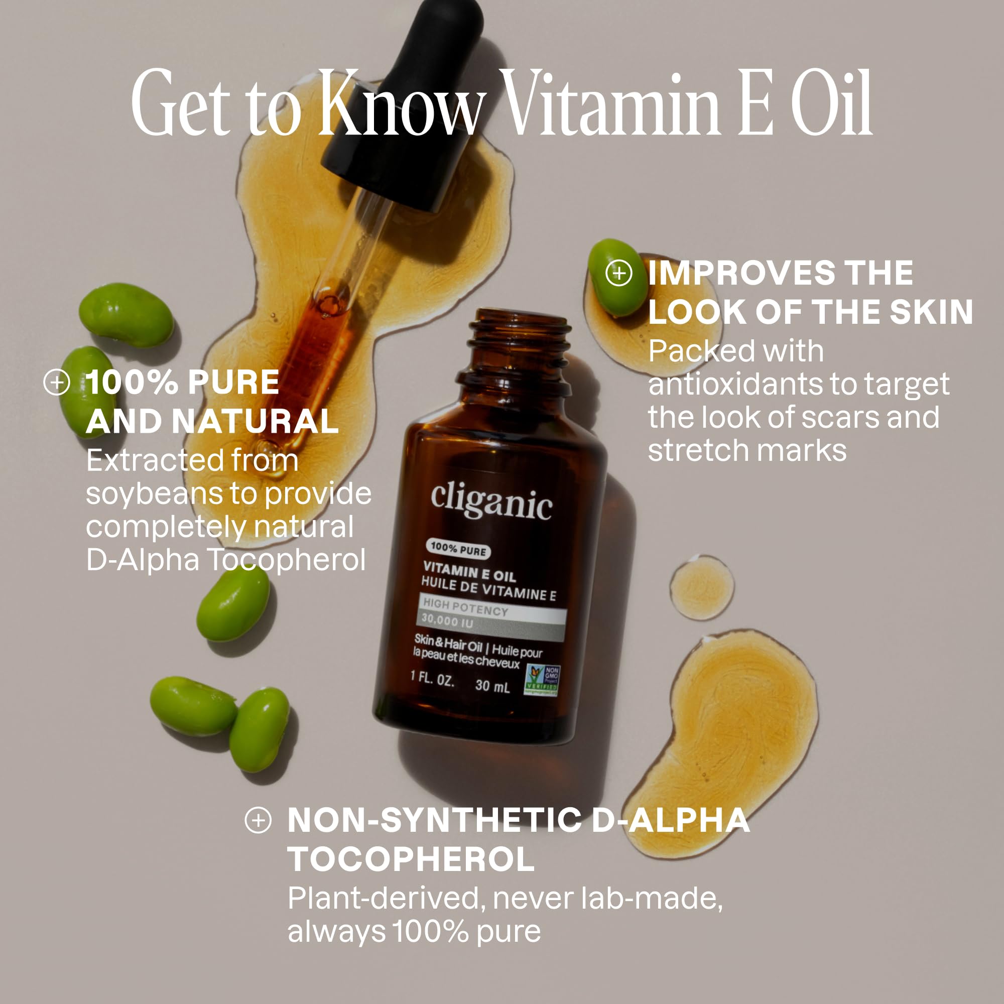 Cliganic Vitamin E oil drop cap emphasizes D-Alpha Tocopherol for potent skin nourishment.