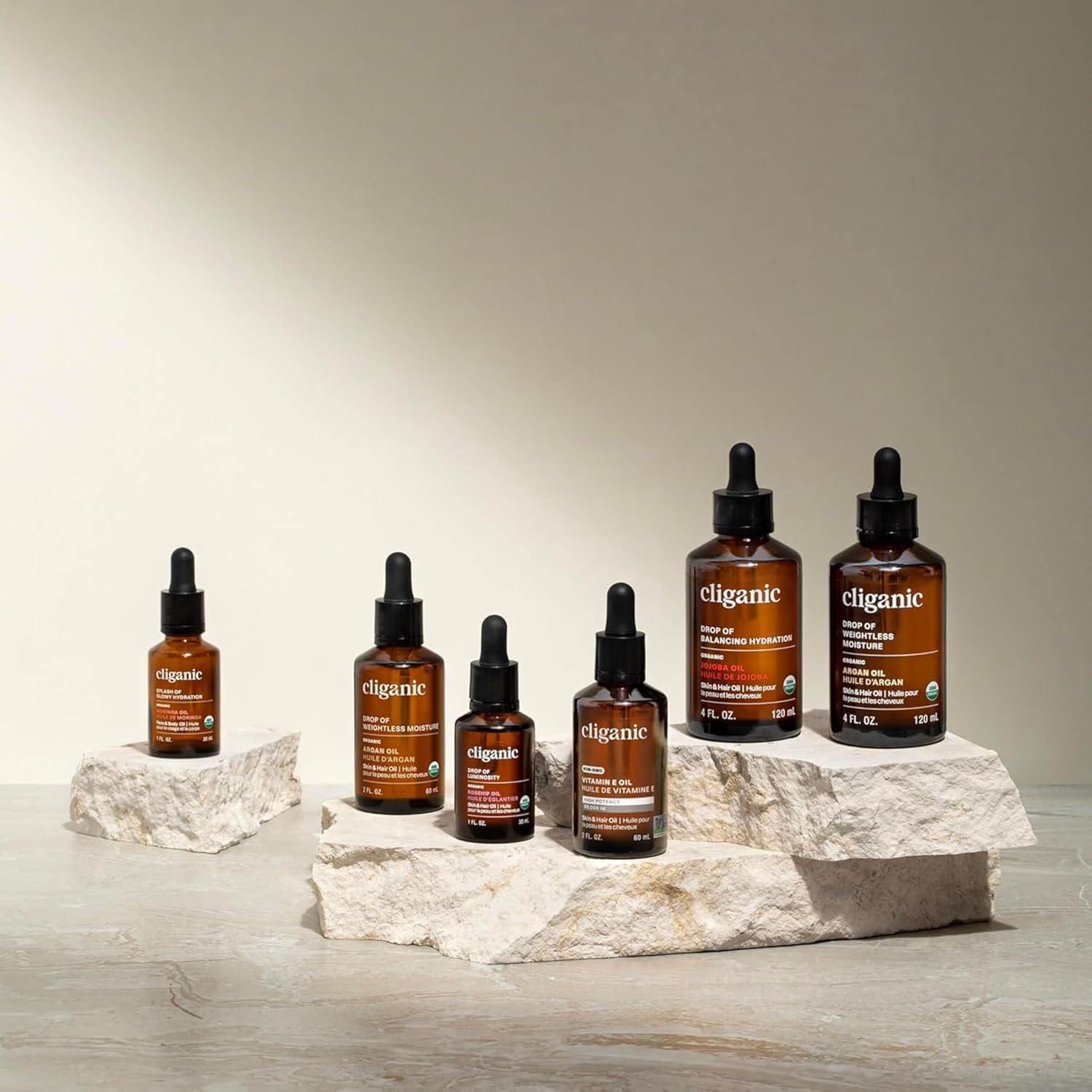 Cliganic Vitamin E oil for hair and nails showcases nourishing shine and resilience.