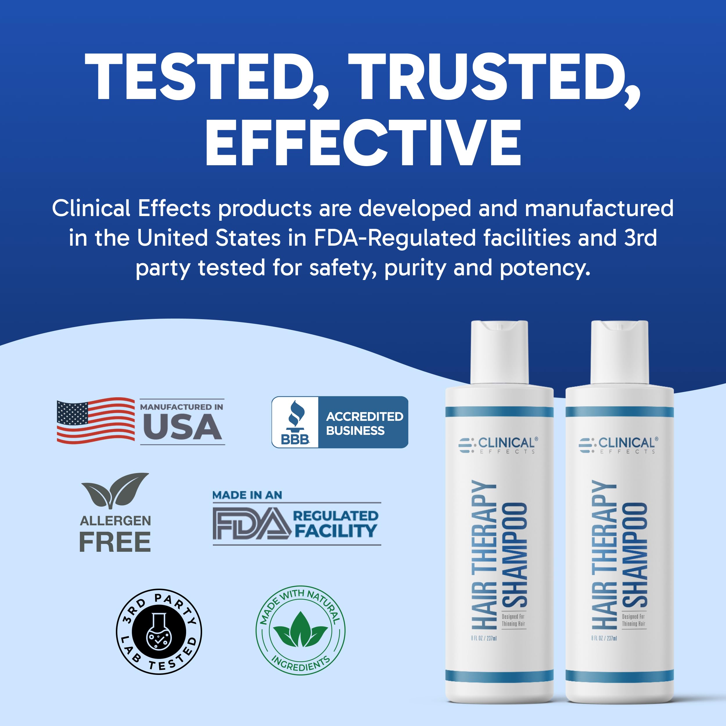 Clinical Effects Hair Therapy Shampoo USA-made label emphasizes non-GMO ingredients.
