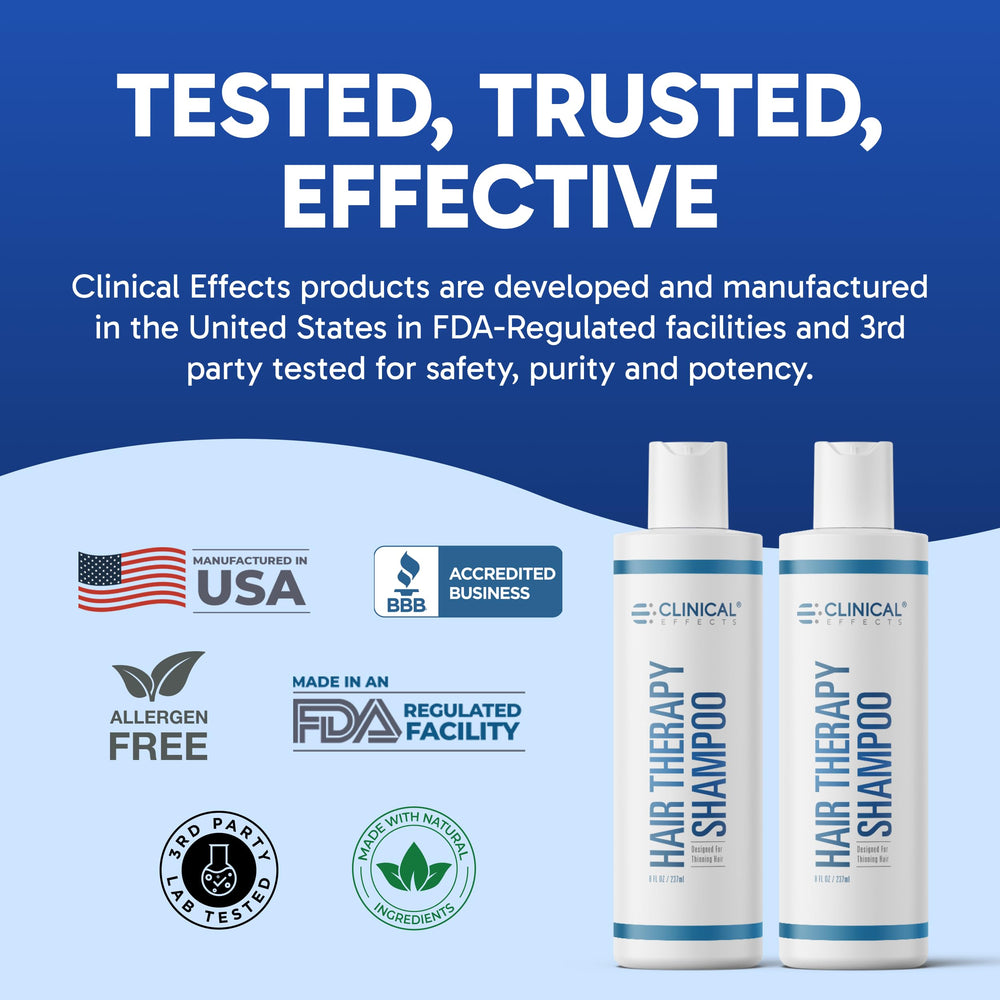 Clinical Effects Hair Therapy Shampoo USA-made label emphasizes non-GMO ingredients.