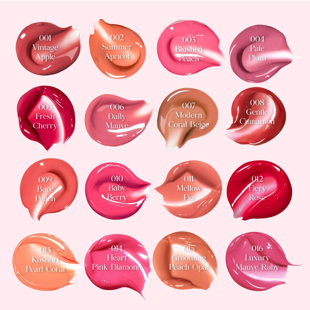 CLIO Crystal Glam Tint 03 Blushed Peach gloss swatch reveals vivid peachy-pink glow.