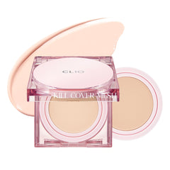 CLIO Kill Cover Mesh Glow Cushion packaging shows refill-ready set for on-the-go radiant skin.