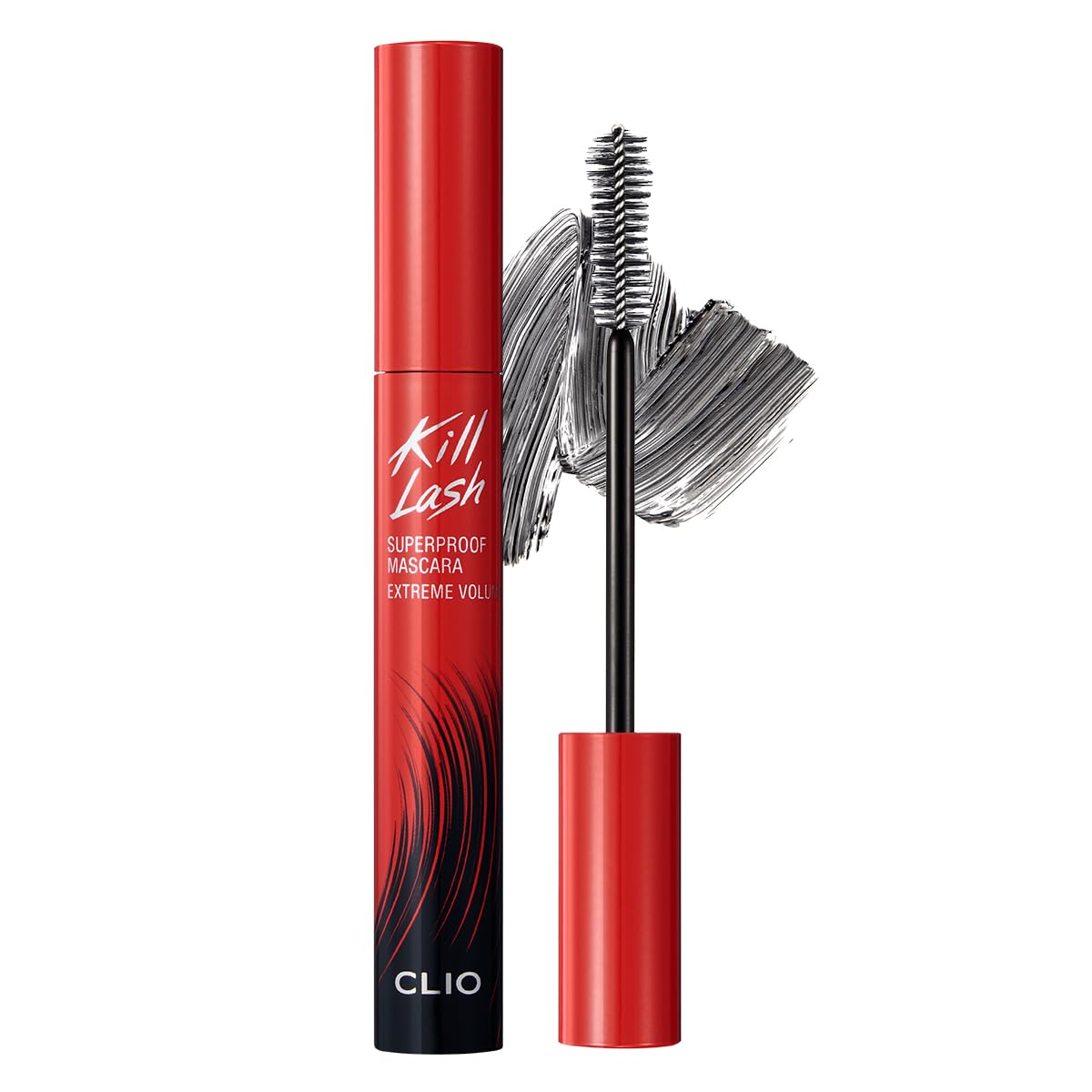 CLIO Kill Lash Superproof mascara bottle closeup highlighting dramatic black formula for dramatic volume