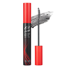 CLIO Kill Lash Superproof Mascara bottle closeup highlighting waterproof formula for all-day wear.