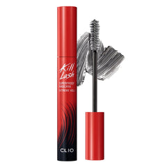 CLIO Kill Lash Superproof mascara bottle closeup highlighting dramatic black formula for dramatic volume