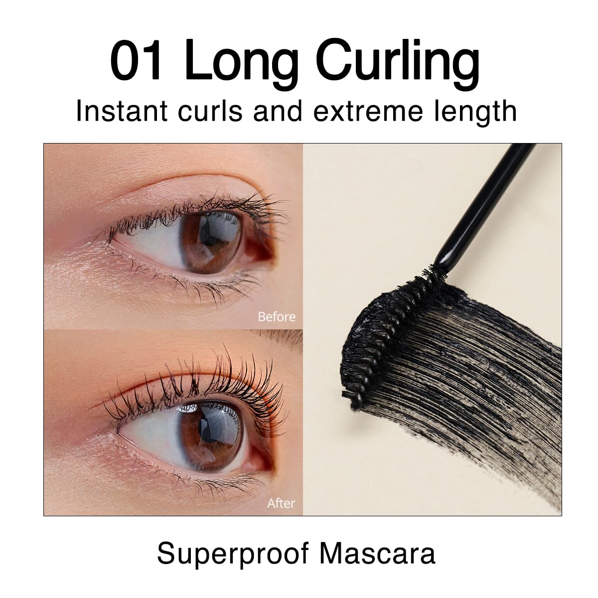CLIO Kill Lash Superproof Mascara brush closeup shows slim curved design for precise lengthening.