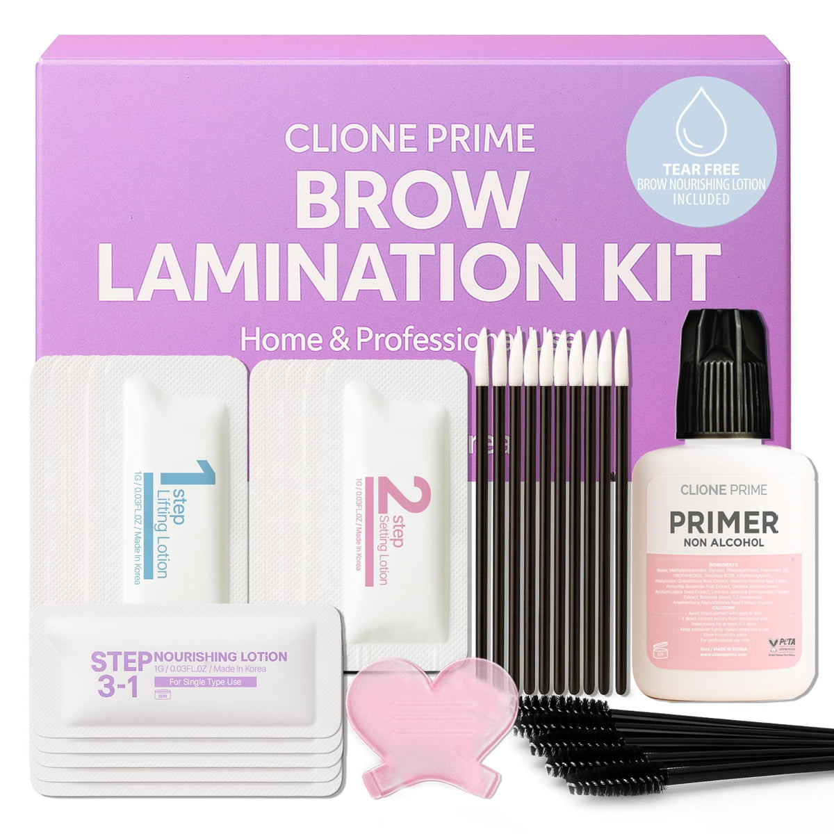 CLIONE PRIME brow lamination kit packaging showcases premium at-home styling convenience.
