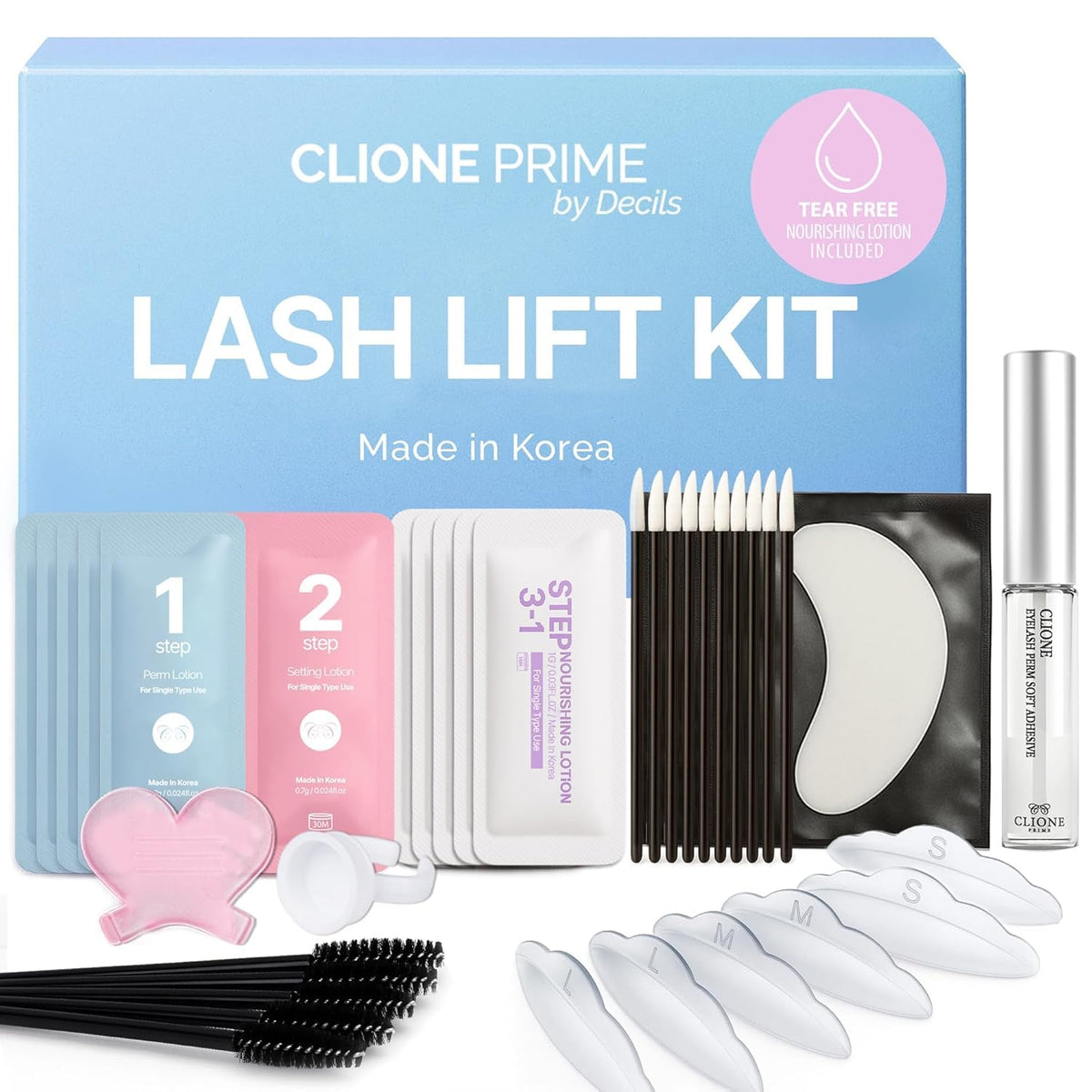 CLIONE PRIME Korean Lash Lift Kit packaging shows single-use sachets for hygienic, precise at-home use.