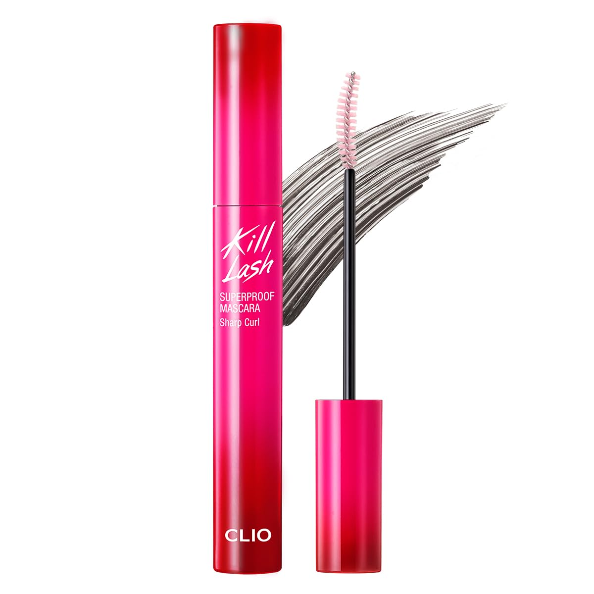 CLIO Professional Kill Lash Superproof Mascara brush closeup shows precise lifting curl.