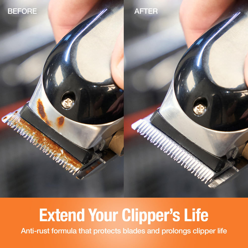 CLIPPERCIDE rust-prevention film visible on blades.