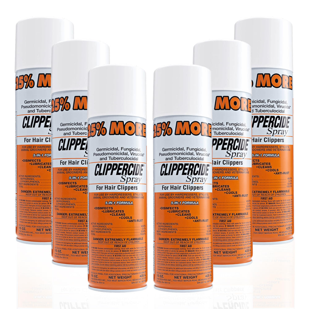 CLIPPERCIDE spray bottle front promotes professional clipper hygiene.