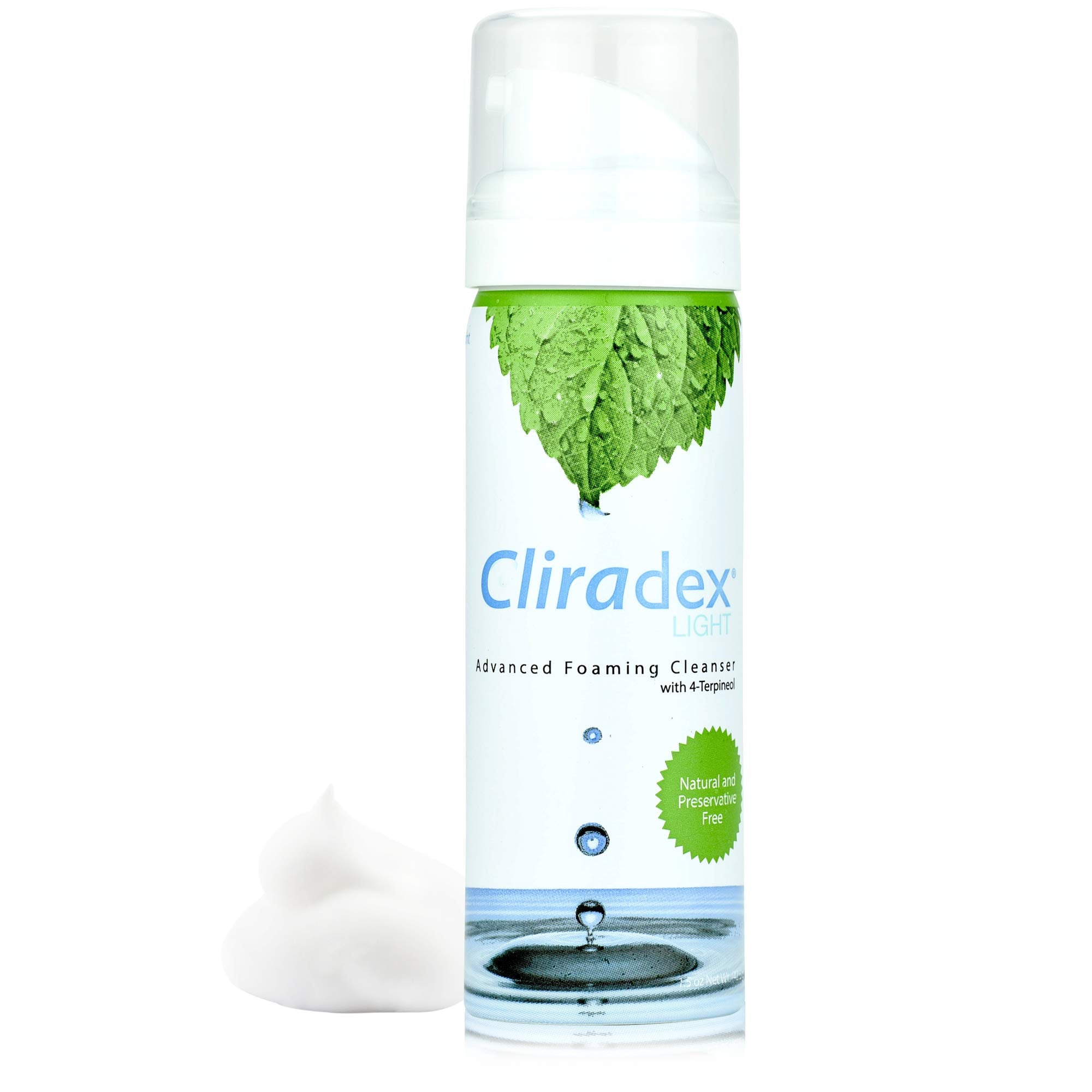 Cliradex Foam bottle closeup demonstrates gentle eyelid cleansing for daily hygiene.
