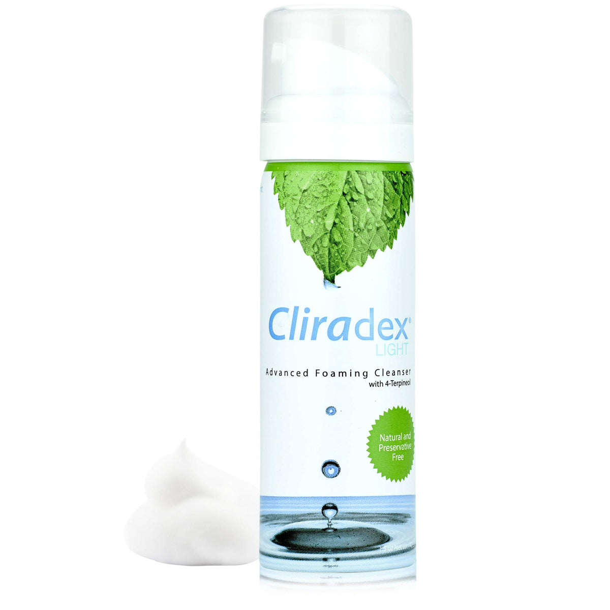 Cliradex Foam bottle closeup demonstrates gentle eyelid cleansing for daily hygiene.