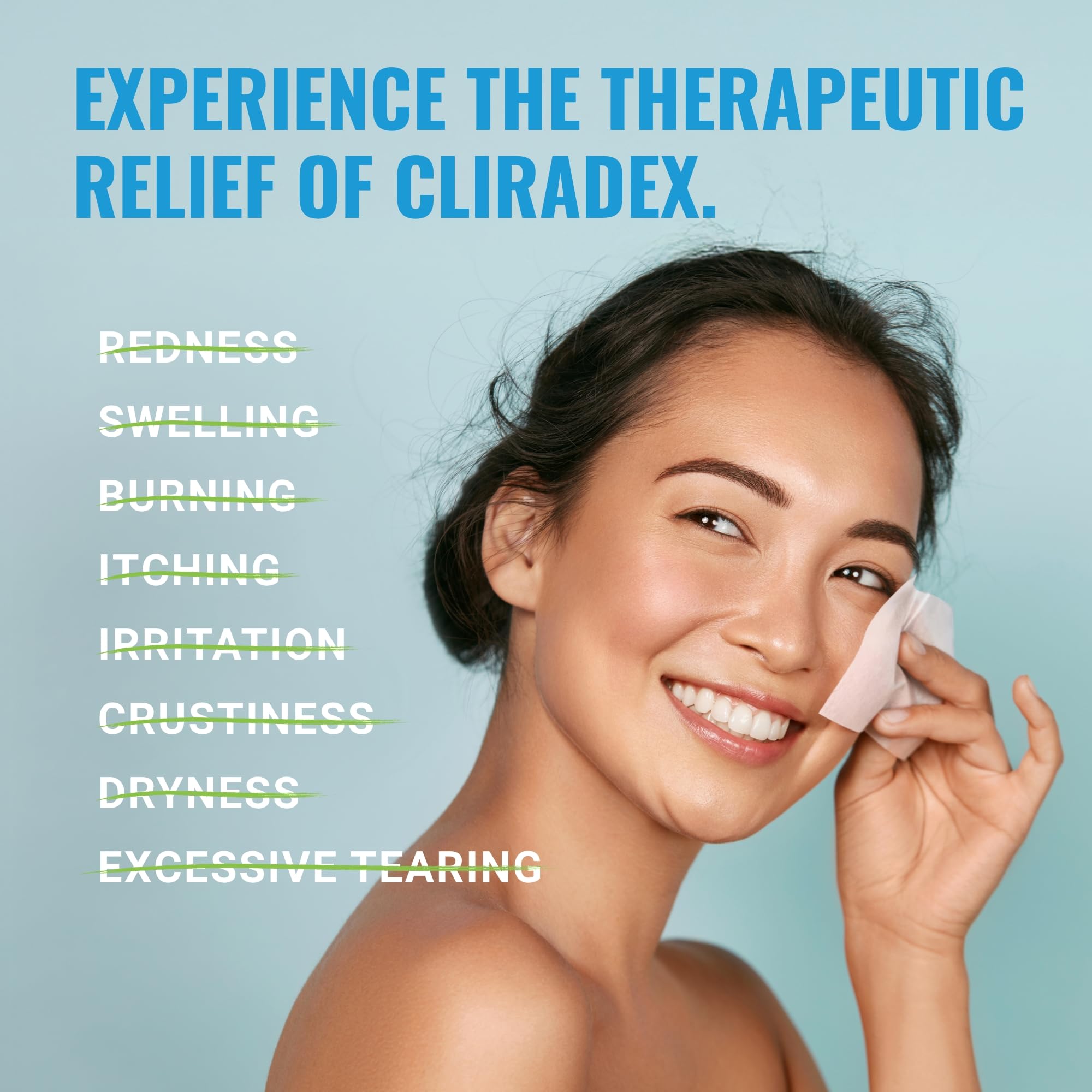 Cliradex towelettes used on eyelid margins for targeted hygiene