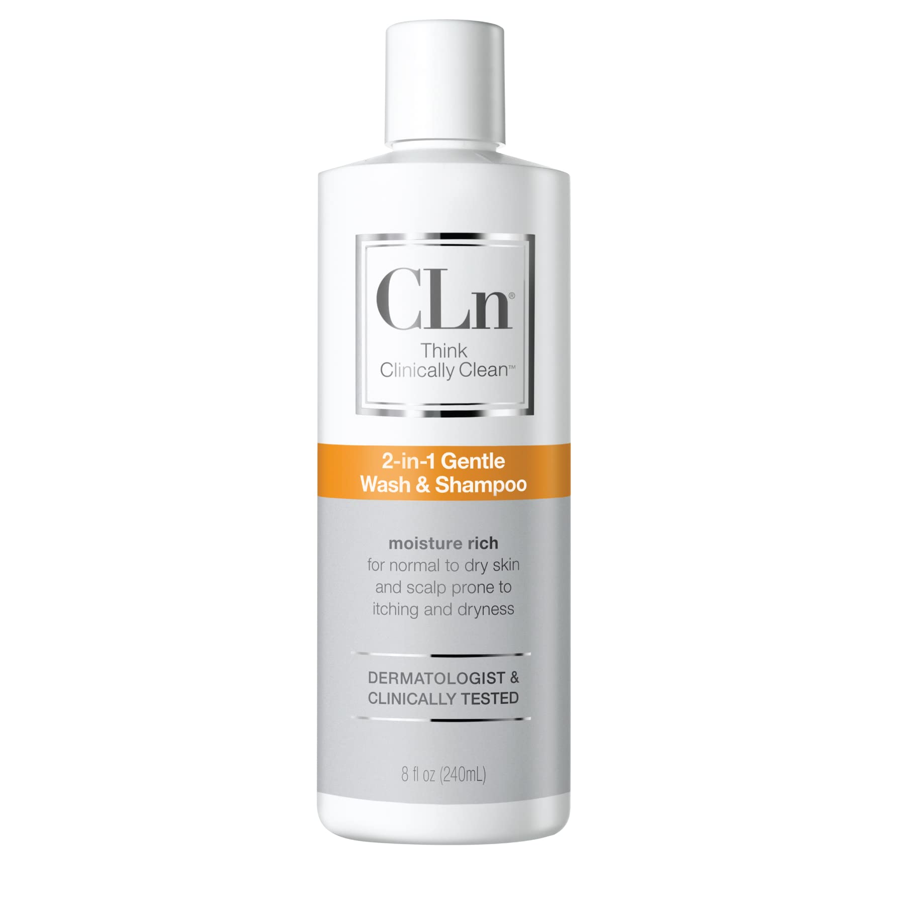 CLn 2-in-1 gentle wash bottle pour for fragrance-free daily skin and scalp cleansing.