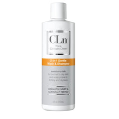 CLn 2-in-1 gentle wash bottle pour for fragrance-free daily skin and scalp cleansing.