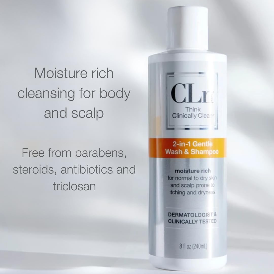 CLn 2-in-1 gentle wash fragrance-free label highlights irritation-safe formula.