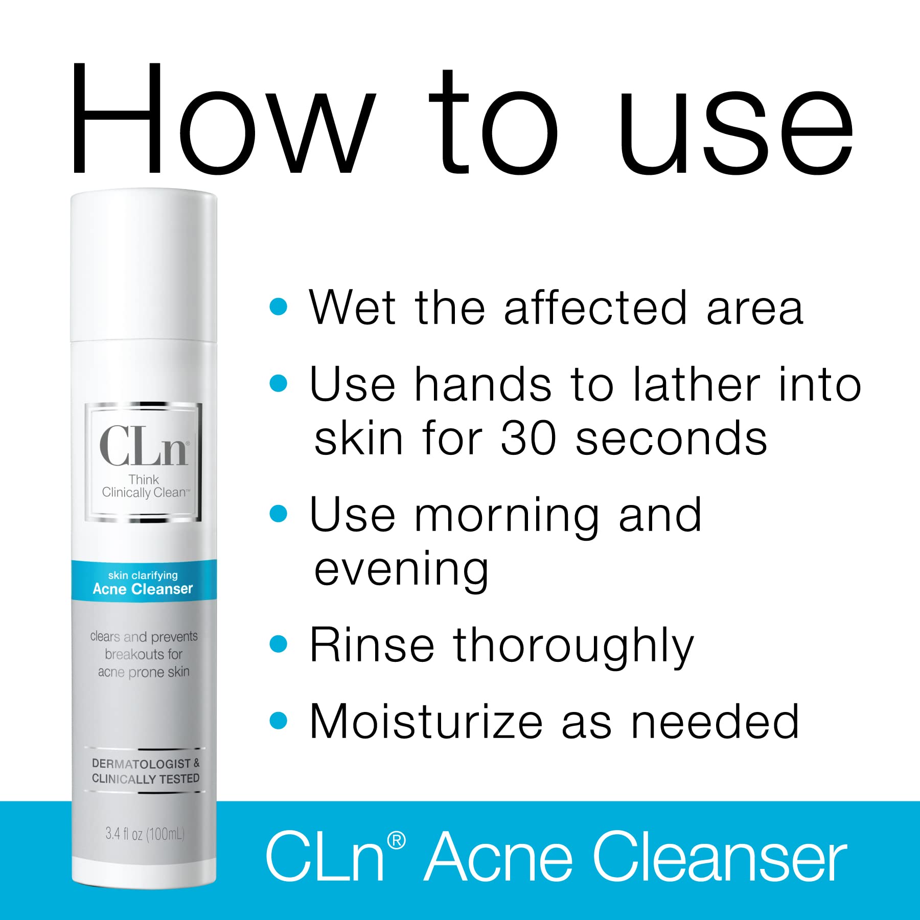 CLn Acne Cleanser application on skin with a gentle 30-second massage.